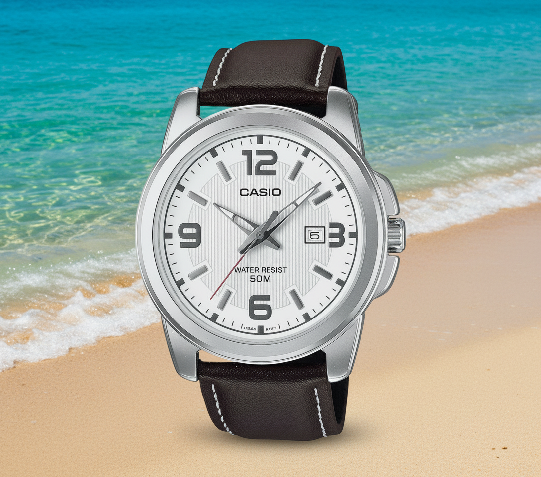 Casio watch with brown leather strap on a white background