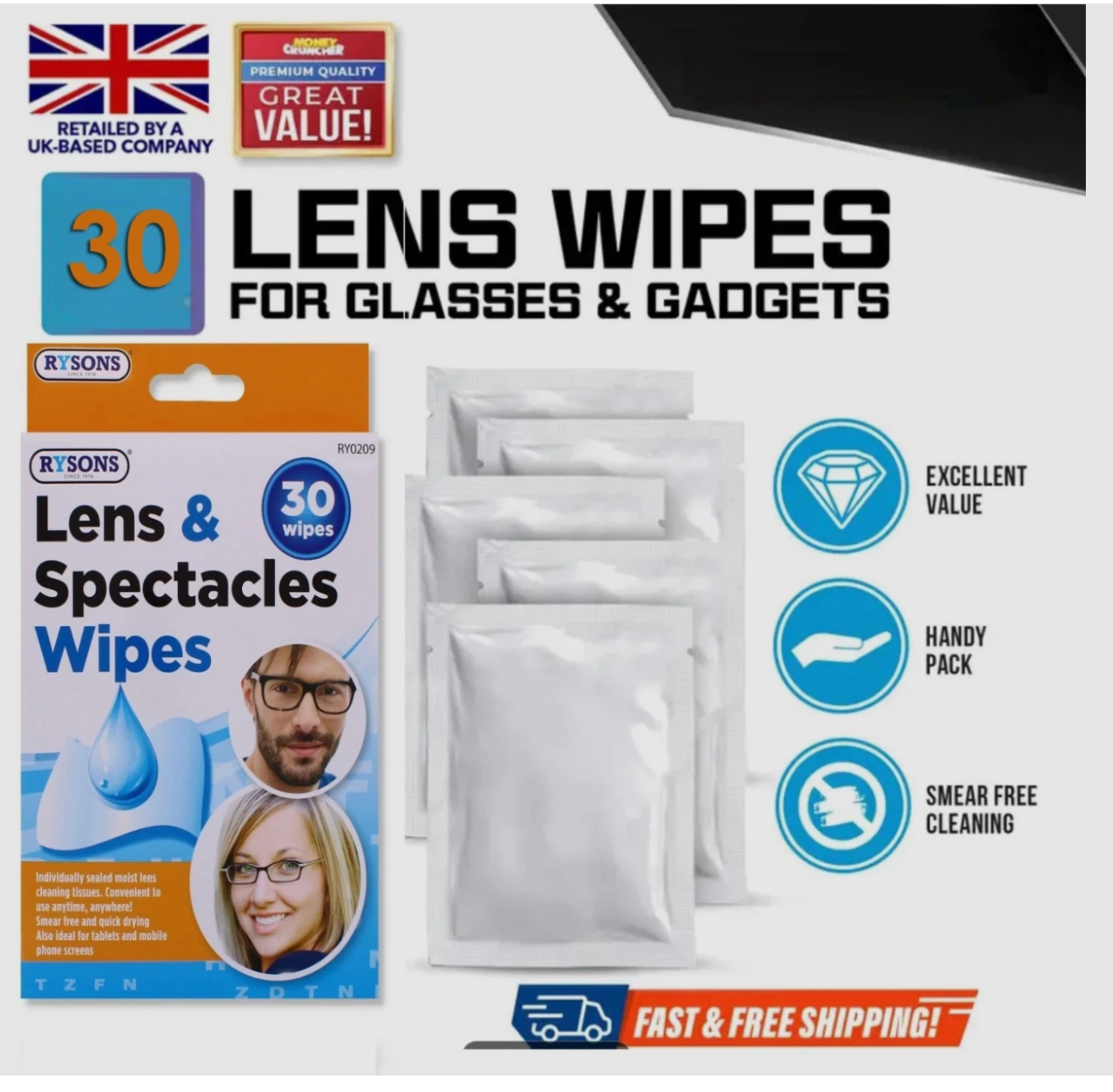 30x Smear Free Lens Cleaning Wipes Optical Glasses Sunglasses ,Camera ,Phones UK